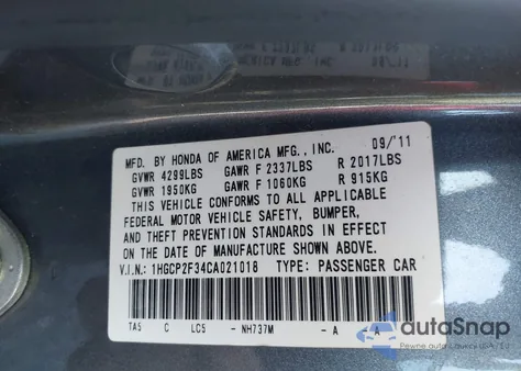 2012 Honda Accord 2.4 Lx из США, поврежденный, VIN 1HGCP2F34CA021018